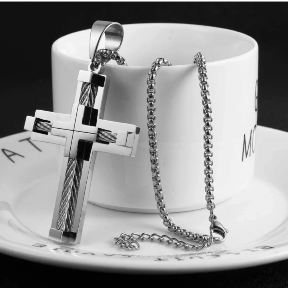 Silver Stainless Steel Men's Cross Necklace